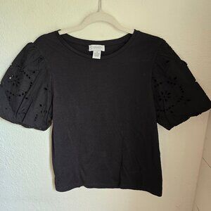 Carmen Marc Valvo Black Lace Bell Sleeve 100% Cotton Blouse Size Medium